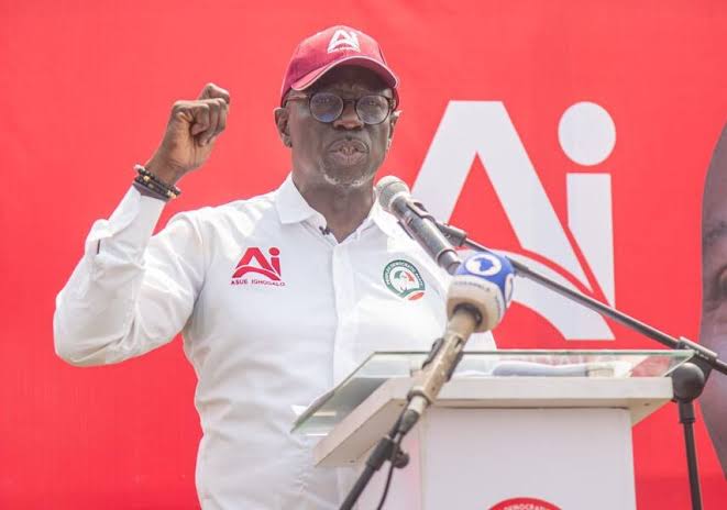 PDP 's Asue Ighodalo speaking at a podium, gesturing emphatically as he discusses plans to contest Edo election results.