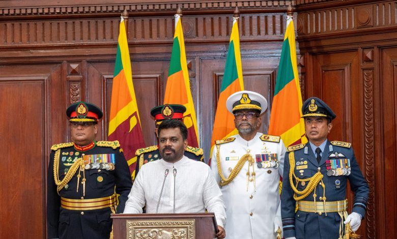 Sri Lanka's newly elected President Anura Kumara Dissanayake addresses a gathering after taking his oath of office at the Presidential Secretariat, in Colombo, Sri Lanka, September 23, 2024.