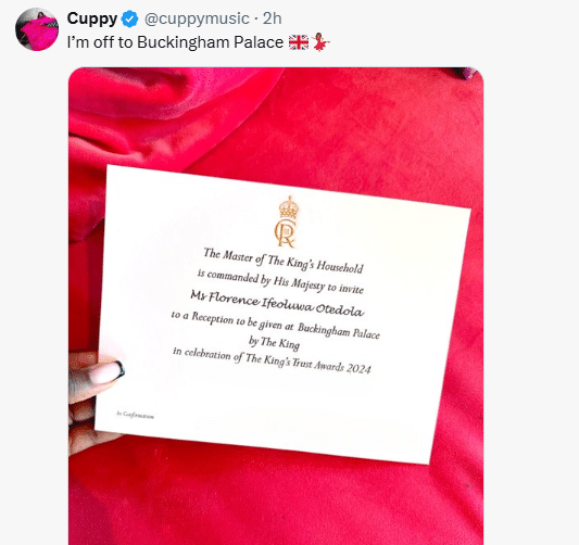 DJ Cuppy's Invite To The Buckingham Palace By King Charles III